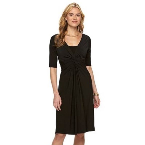 Chaps Womens Medium Midi Black Solid Knot Front Empire Dress Short Sleeves - Picture 1 of 8